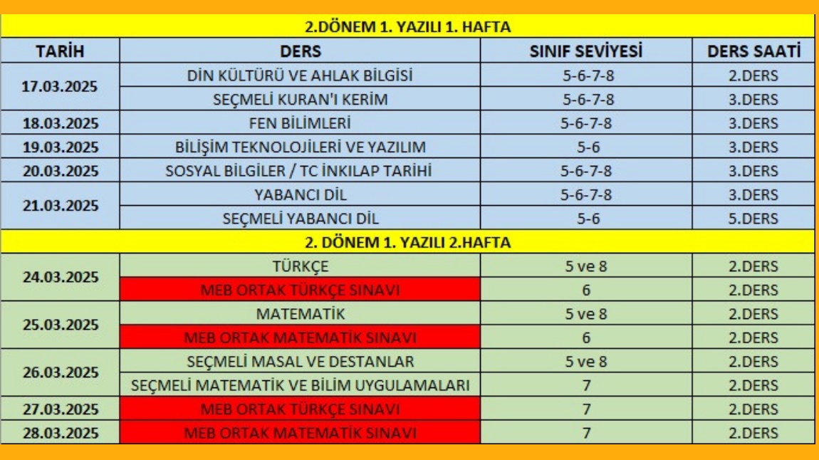 2.DÖNEM 1.YAZILI SINAV TARİHLERİ